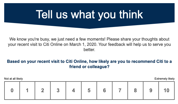 Example: Survey emailed to customers from banks